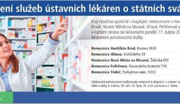 Lékárny krajských nemocnic na Vysočině budou mít na Pondělí velikonoční otevřeno