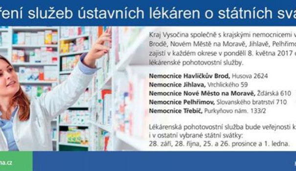 Lékárny krajských nemocnic na Vysočině budou mít na pondělní státní svátek otevřeno