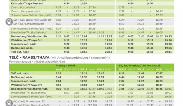 Autobusová linka Raabs - Telč vyveze turisty do příhraničního regionu. Za symbolickou cenu 