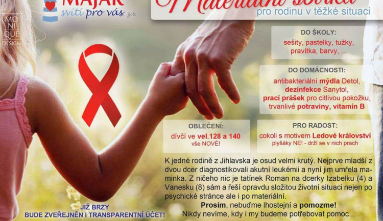 Čtyřletá Izabelka z Jihlavska trpí leukémií, nyní jí zemřela maminka. Pro rodinu byla vyhlášena materiální sbírka  