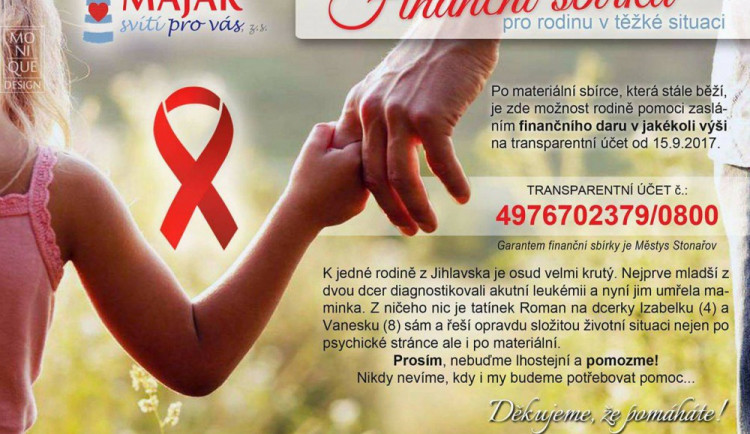 Pro rodinu ze Stonařova, která se ocitla v tíživé životní situaci, byl zřízen transparentní účet