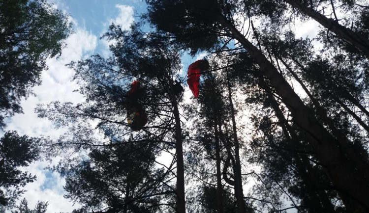 U Dlouhé Lhoty na Táborsku uvízl na stromě paraglidista. Museli ho vysvobodit hasiči