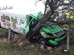 FOTO: Řidič dodávky se zranil po nárazu do stromu. Sanitka ho převezla do nemocnice