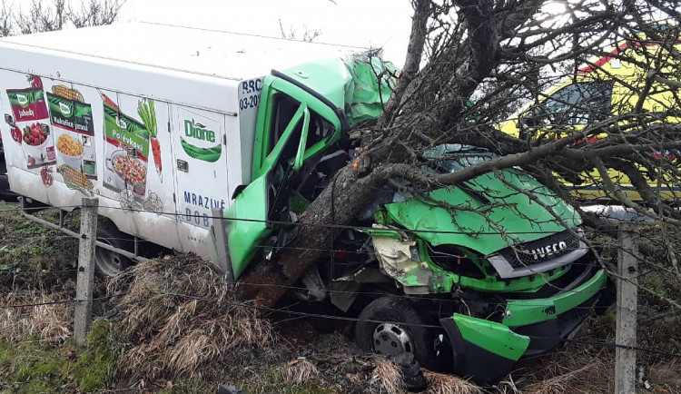 Řidič dodávky se zranil po nárazu do stromu. Sanitka ho převezla do nemocnice