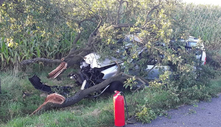Osobní vozidlo čelním nárazem doslova rozlomilo strom, dvě osoby jsou hospitalizovány