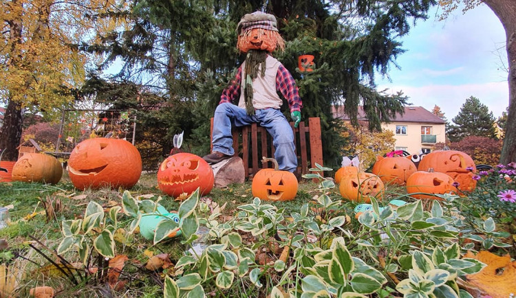Dýně, pavouci, žížaly. Okolí domů na ulici Leoše Janáčka zdobí podzimní výzdoba