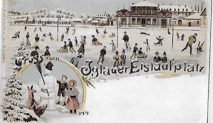 Na pohlednici z roku 1900 je zamrzlý Koňský rybník pojmenován jako Iglauer Eislausfplatz, tedy Jihlavské kluziště. Zdroj: Archiv J. Okáče