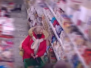 Krádež peněženky z košíku v jihlavské prodejně. Policie stále hledá ženu v červené bundě