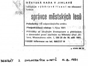 Inzerát z počátku devadesátých let