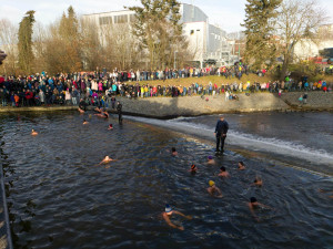 VIDEO: Otužilci vítali nový rok v řece Jihlavě, čekala je třístupňová voda a jarní počasí