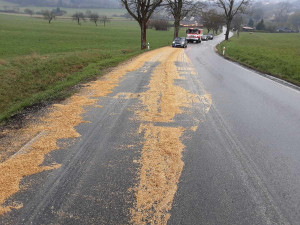 FOTO: Pivaři zapláčou. Mezi Cerekví a Kostelcem se vysypal ječmen na slad, silnice místy nebyla vidět