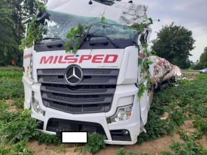 Škoda bezmála za milion. Řidič srbského kamionu nedával pozor, skočil na bramborovém poli