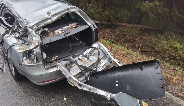 V Kostelní Myslové spadl strom na projíždějící auto. Města mají situaci pod kontrolou. Foto: se souhlasem Hasičského záchranného sboru Kraje Vysočina
