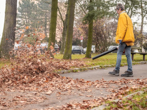 Pracovníci správy zeleně pracují celý rok. Místo sekání trávy nyní v Jihlavě uklízí listí