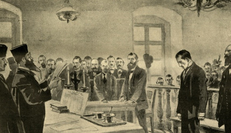 Reportážní kresba ze závěru druhého Hilsnerova procesu v Písku, Pražský illustrovaný kurýr, příloha Hlasu národa, č. 318, 16. 11. 1900. Zdroj: Národní muzeum