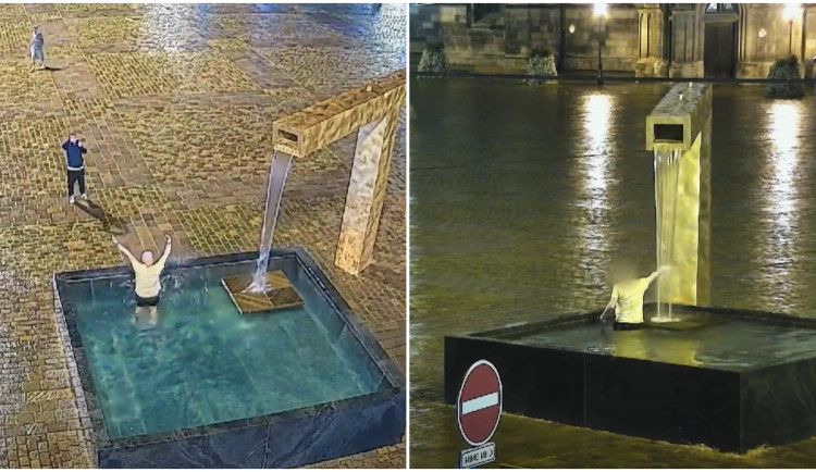 Vyhlášená kašna opět zlákala vtipálka ke koupeli, natáčel ho kamarád i městské kamery
