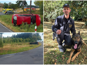 Muž na Brodsku boural a nemohl se dostat z auta. Pás mu přeřízl policejní psovod