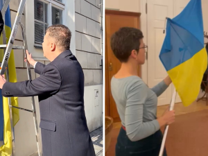 Okamura sundal vlajku Ukrajiny z budovy Sněmovny, politici z Vysočiny jsou proti