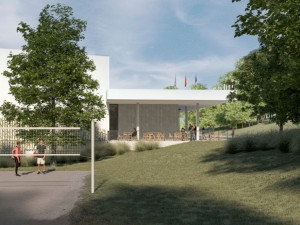 Vizualizace: Velké Meziříčí bude mít příští rok halu pro míčové sporty za 156 milionů korun. Foto: Velké Meziříčí/Cuboid architekti