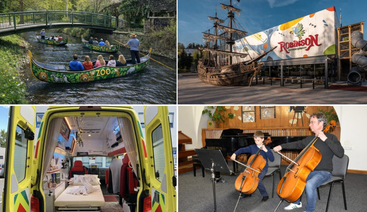 Apríl na Jihlavsku: Pobyt v sanitce, gondoliér v zoo a plachetnice před Robinsonem. Foto: Zoologická zahrada Jihlava, Rodinný zábavní park Robinson, ZZS Kraje Vysočina, ZUŠ Telč (redakčně upraveno)