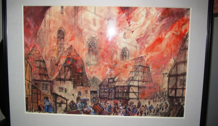 Obraz jihlavského malíře Gustava Kruma s názvem 1525 – Požár gotického města. Reprofoto: publikace Z historie města Jihlavy Obrazy Gustava Kruma