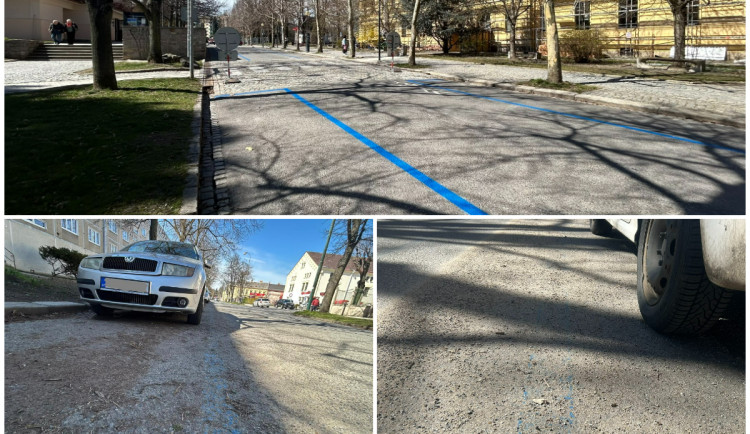 Ilustrační foto, obnova čar u jihlavského gymnázia a téměř neviditelné značení v blízkosti pivovaru