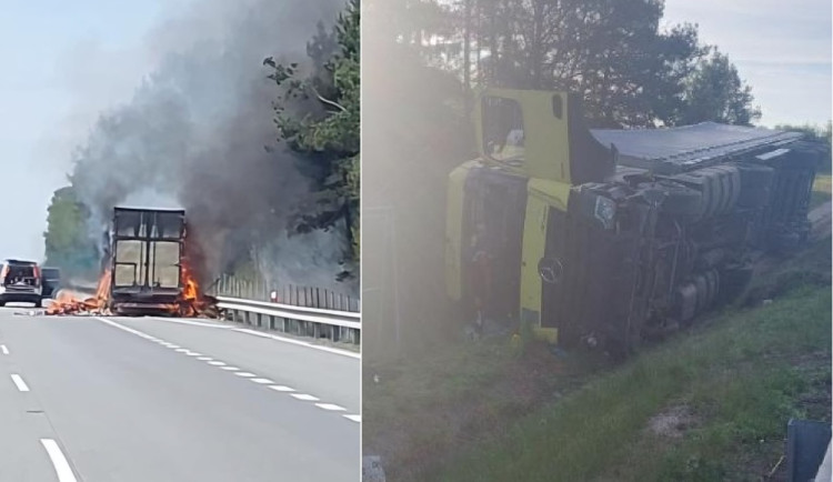 Kritické pondělí na dálnici. Ráno tam havaroval kamion, nyní jiný u Jihlavy hoří