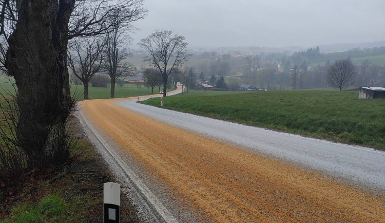 Vysypané zrní na vozovce v Dolní Cerekvi