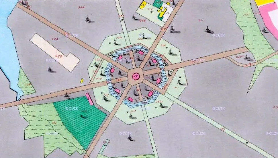 Starý Pávov. Katastrální mapa – 1838. Pohled na areál zámečku s pavilóny.