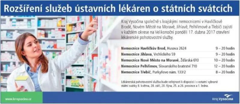 Lékárny krajských nemocnic na Vysočině budou mít na Pondělí velikonoční otevřeno