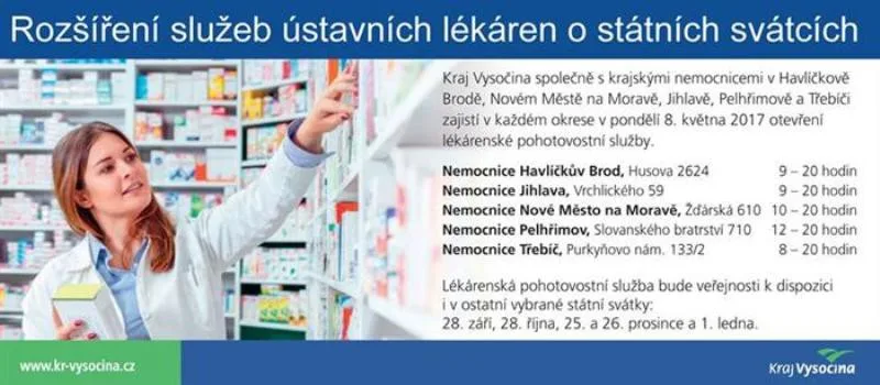 Lékárny krajských nemocnic na Vysočině budou mít na pondělní státní svátek otevřeno