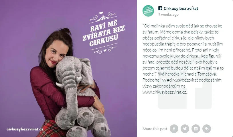 Do kampaně Cirkusy bez zvířat se zapojila i celá řada osobností