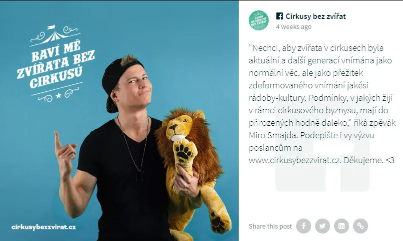 Do kampaně Cirkusy bez zvířat se zapojila i celá řada osobností