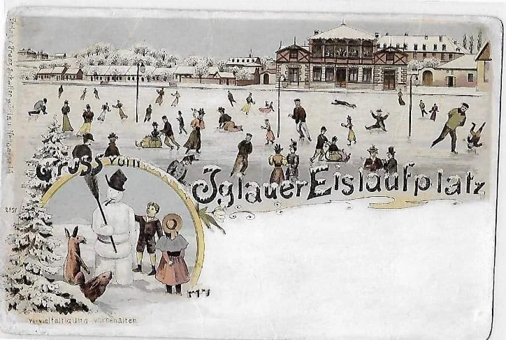 Na pohlednici z roku 1900 je zamrzlý Koňský rybník pojmenován jako Iglauer Eislausfplatz, tedy Jihlavské kluziště. Zdroj: Archiv J. Okáče