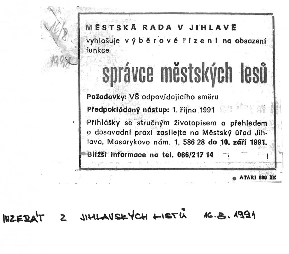 Inzerát z počátku devadesátých let