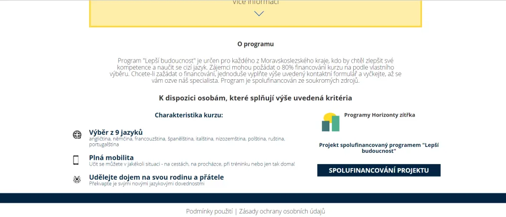 Ukázka webu, který nabízel ženám jazykové kurzy, na které mohly čerpat neexistující dotační titul