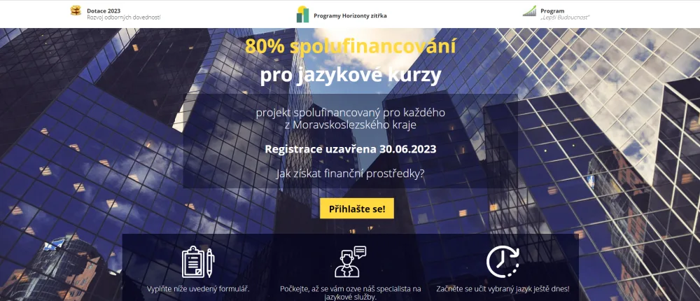 Ukázka webu, který nabízel ženám jazykové kurzy, na které mohly čerpat neexistující dotační titul