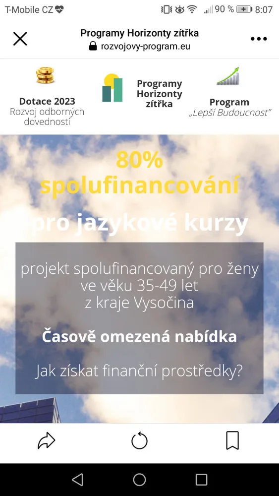 Ukázka mobilní verze webu, který nabízel ženám jazykové kurzy, na které mohly čerpat neexistující dotační titul