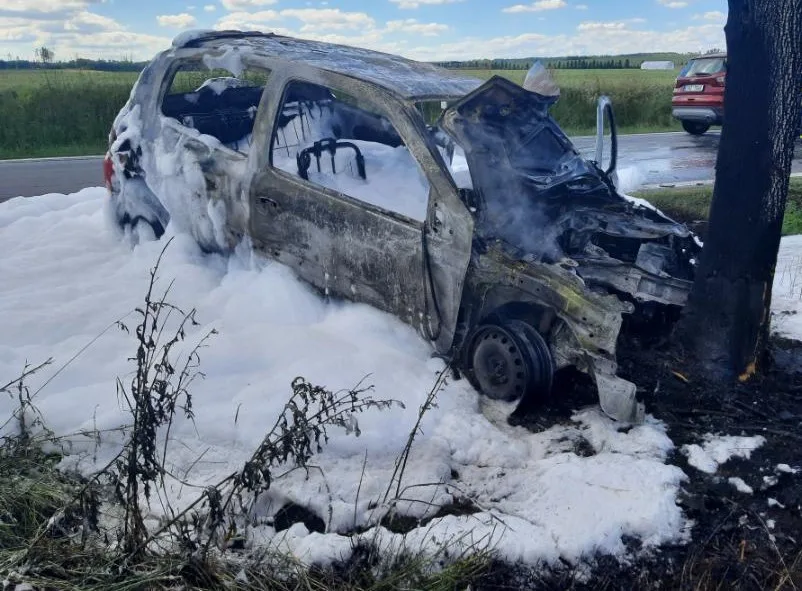 Řidič vyjel ze silnice a narazil do stromu, z hořícího auta vyvázl s lehkým zraněním. Foto: poskytla Policie ČR