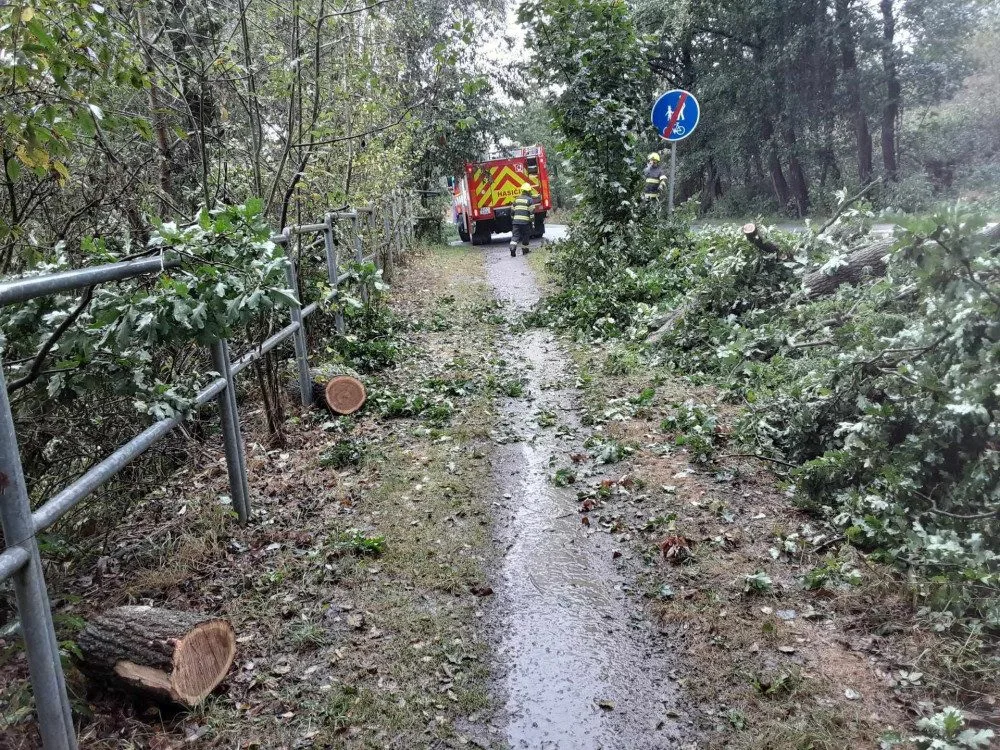 FOTO: Spadlé stromy na Vysočině zastavily vlaky, na Sázavě hrozí třetí povodňový stupeň