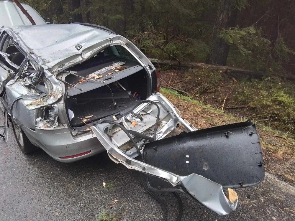 V Kostelní Myslové spadl strom na projíždějící auto. Města mají situaci pod kontrolou. Foto: se souhlasem Hasičského záchranného sboru Kraje Vysočina