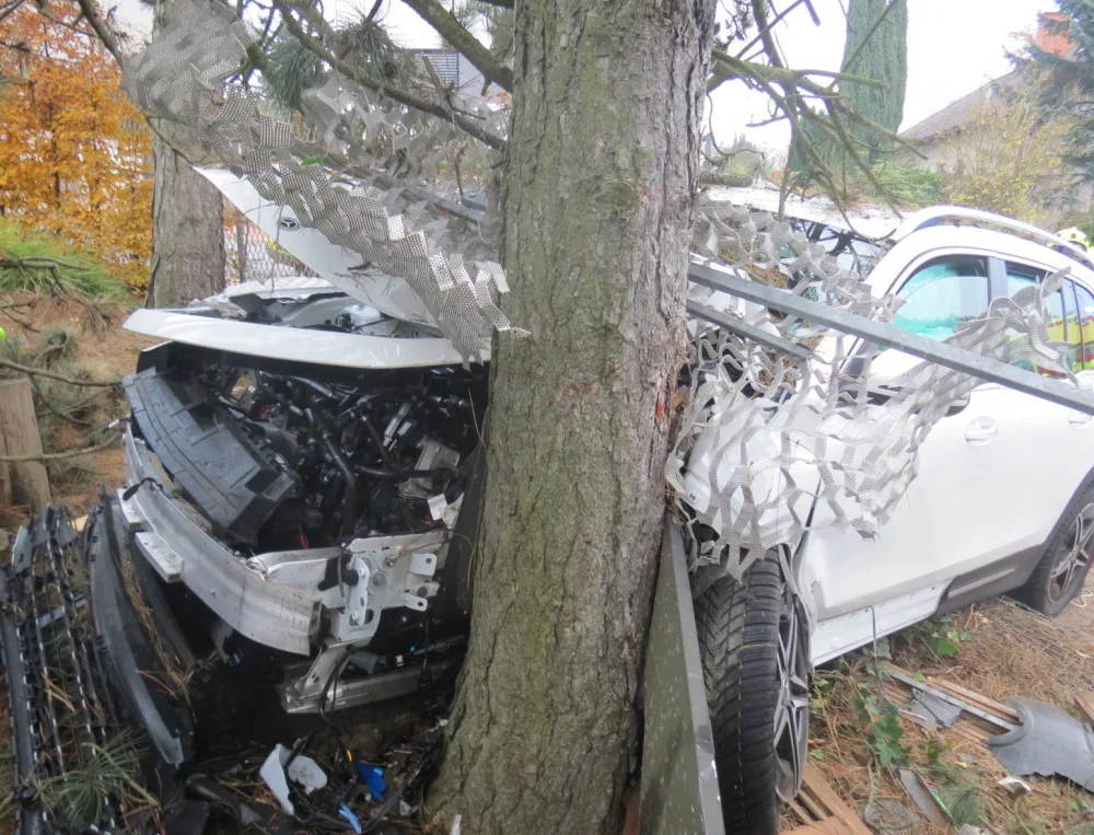Řidička se zřejmě nevěnovala řízení, s mercedesem projela plotem na zahradu. Foto: se svolením Policie ČR