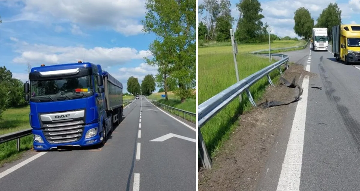 Na nákladním autě praskla pneumatika, neovladatelný kolos zastavila svodidla. Foto: Se svolením Policie ČR
