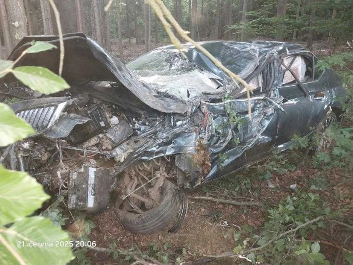 Řidička dostala smyk a narazila do stromu, auto se po nehodě převrátilo na bok. Foto: Se svolením Policie ČR