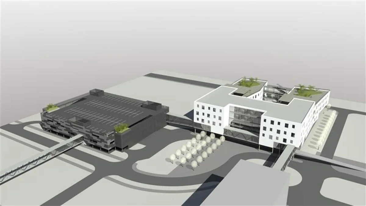 Vizualizace toho, jak bude nový pavilon a parkovací dům vypadat