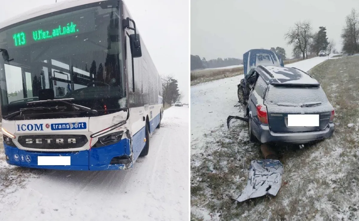 Silnici pod sněhem u Hladova blokují kamiony, na Žďársku se srazilo auto s autobusem
