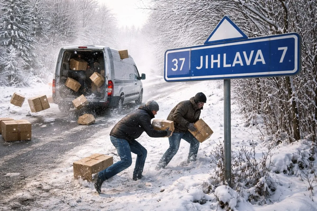 Z dodávky kurýra vypadaly na dálničním přivaděči balíky. Lidi je rozkradli. Foto: poskytl Dratek.cz