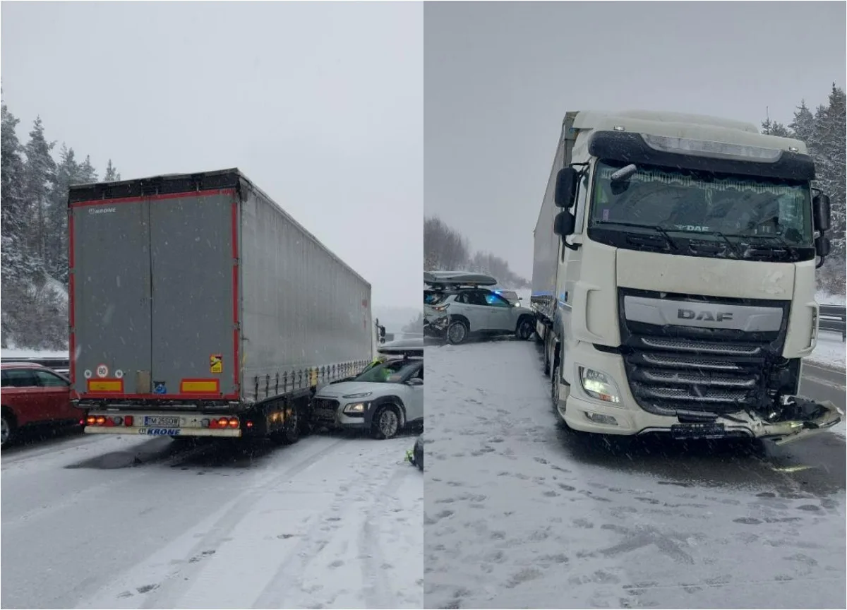 Řidič náklaďáku na zasněžené D1 nestačil zpomalit a narazil do auta před sebou