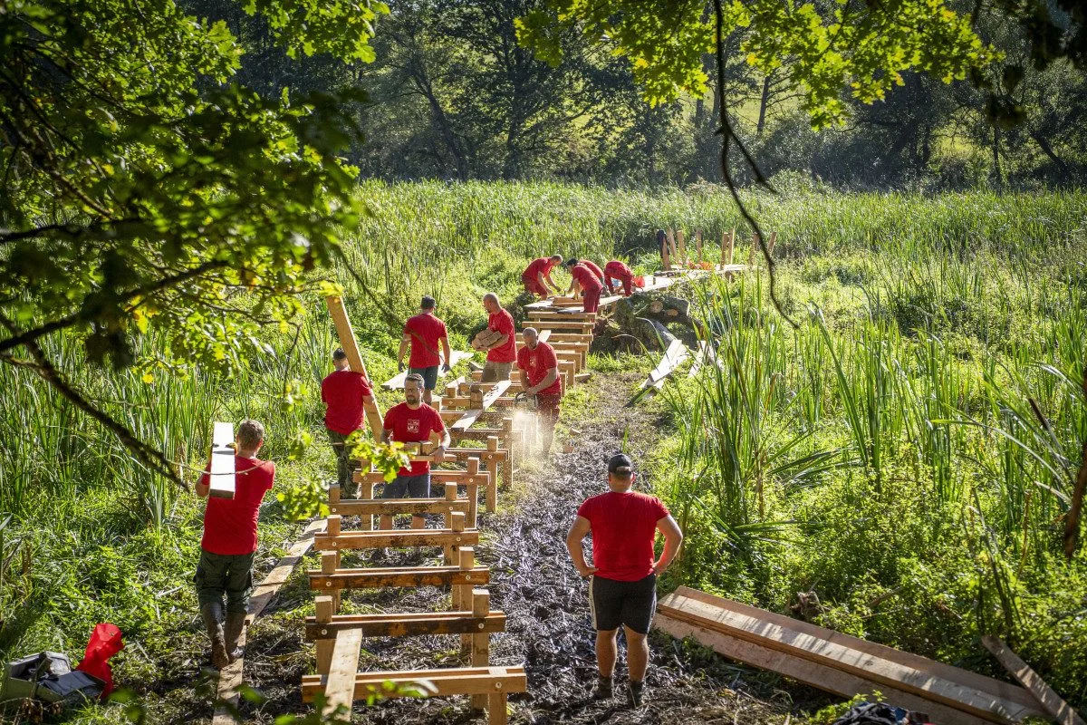 VIDEO: Netradiční teambuilding v Polné. Zaměstnanci vybudovali lávku i s hnízdem