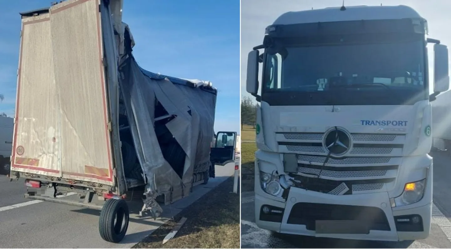 Na dálnici se po nehodě tří kamionů vysypaly pneumatiky, viník měl 0,64 promile. Foto: Se svolením Policie ČR